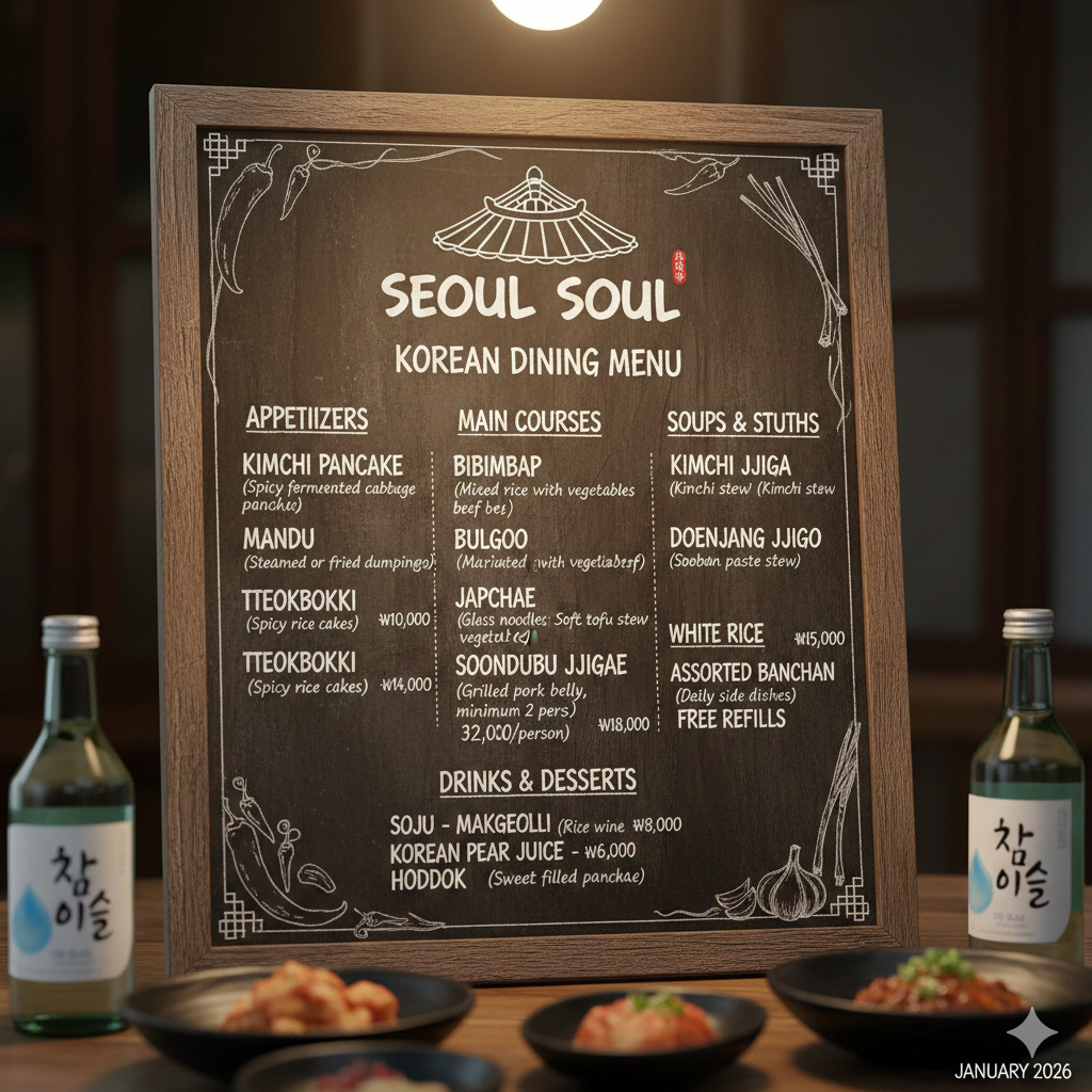 menu board with korean dish names inside a local restaurant