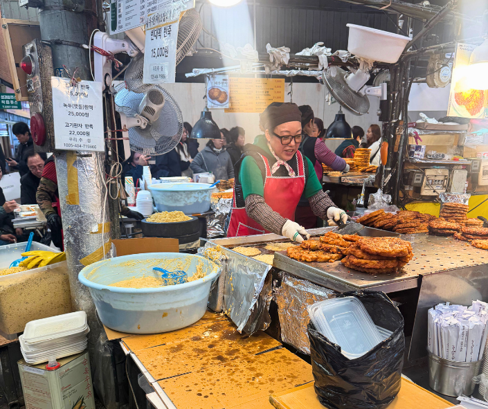 authentic Korean street food stall selling mung bean pancakes
