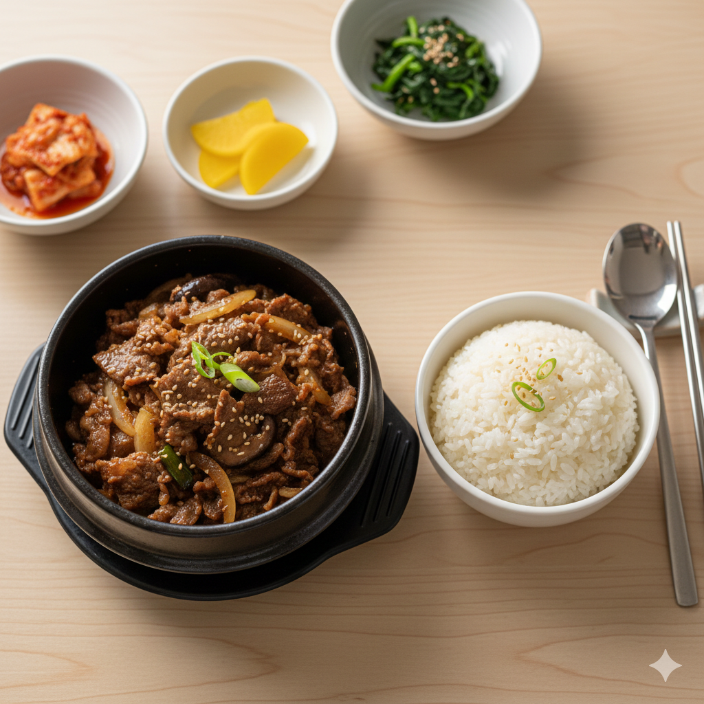 Non spicy Korean bulgogi with steamed rice and side dishes