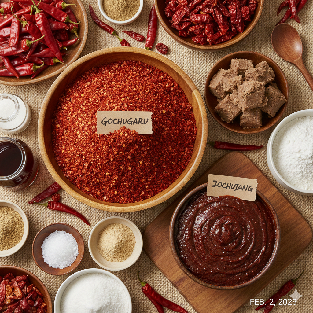 Gochujang chili paste and gochugaru red pepper powder on a wooden table