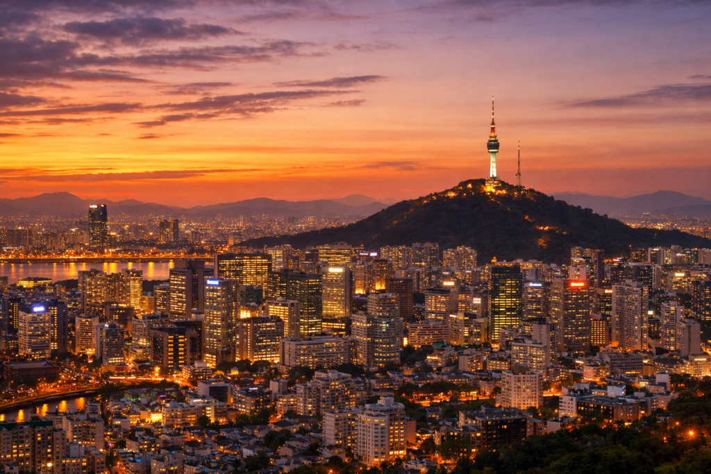 seoul skyline at sunset with glowing city lights and namsan tower on mountain
