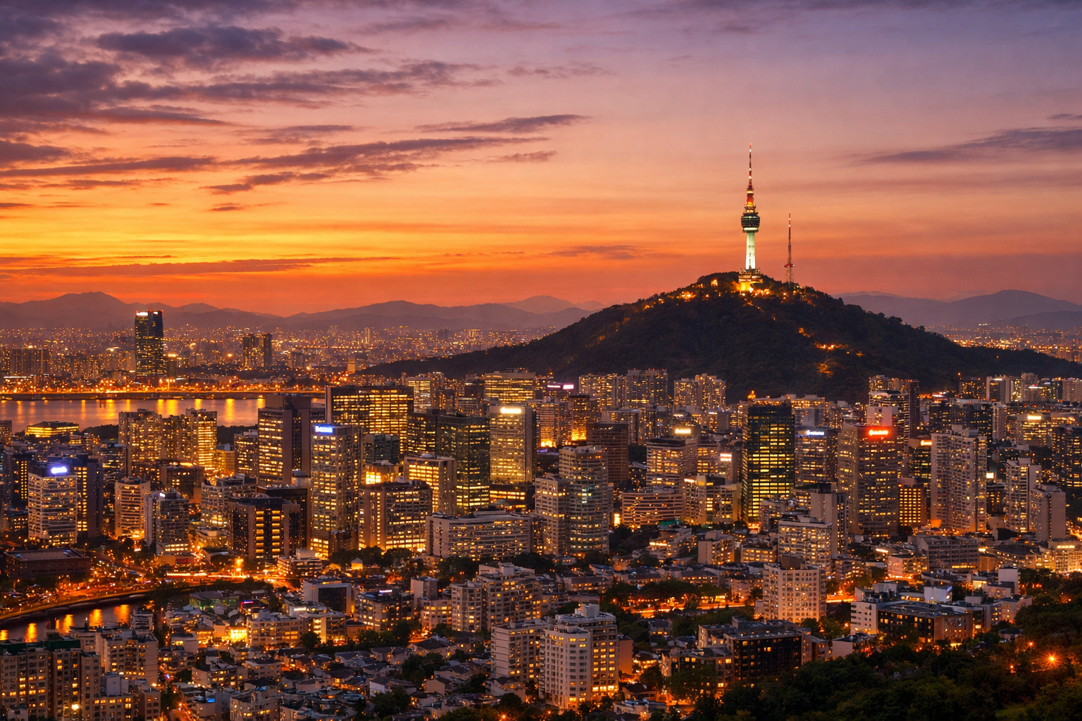 seoul skyline at sunset with glowing city lights and namsan tower on mountain