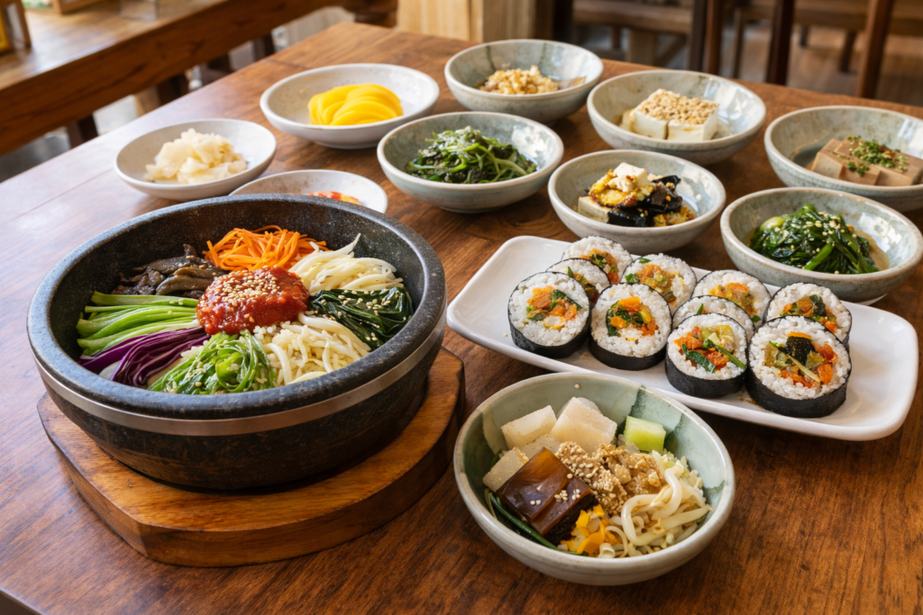vegetarian bibimbap korean rice bowl with vegetables